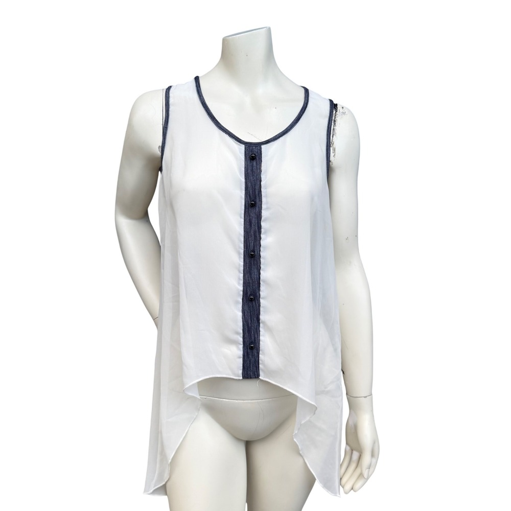 UK2LA Sleeveless High-Low Top Y2K Style Sheer White Navy Trim Boho Festival L - Picture 4 of 12